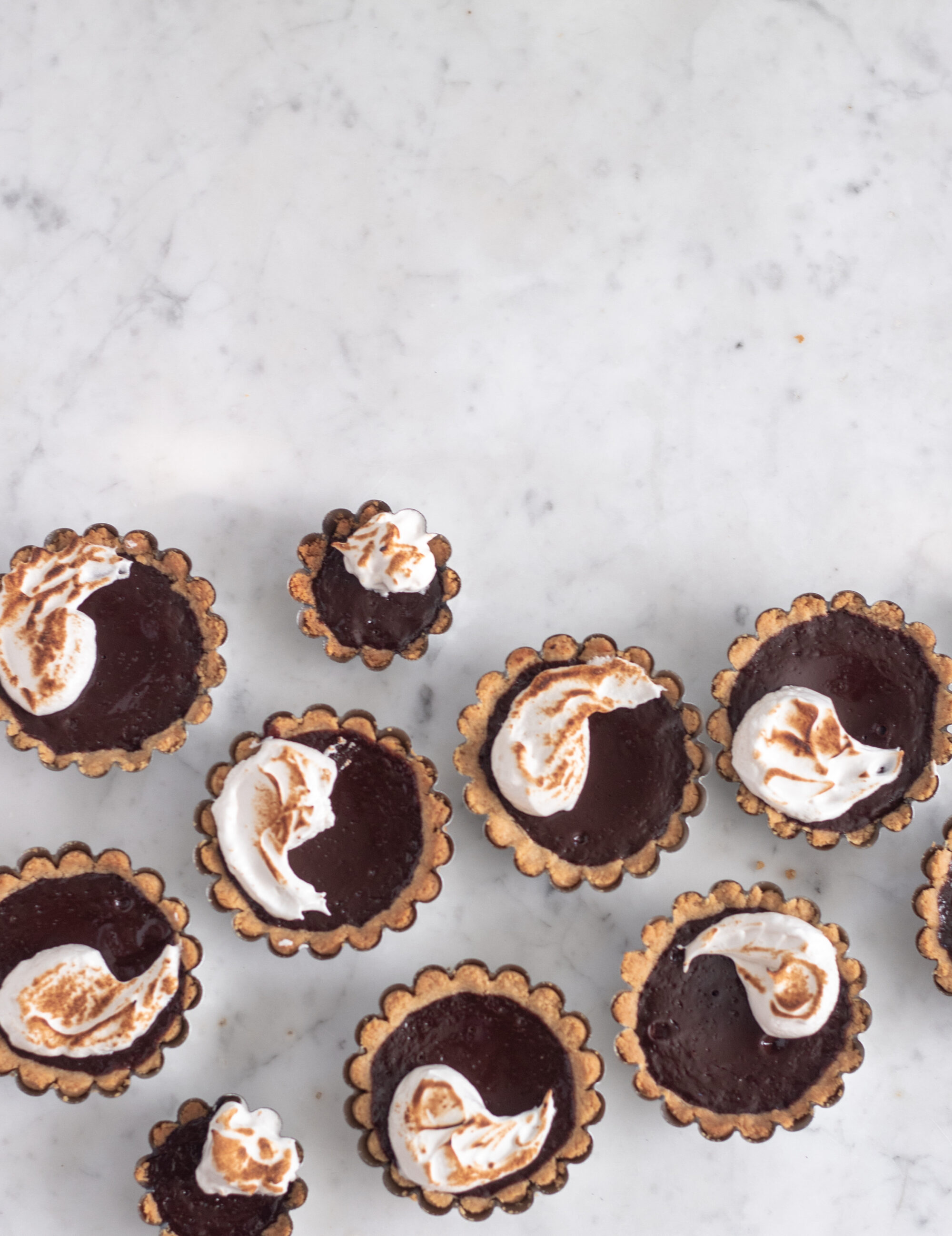 Rows of mini chocolate pies with toasted white topping on a white counter.