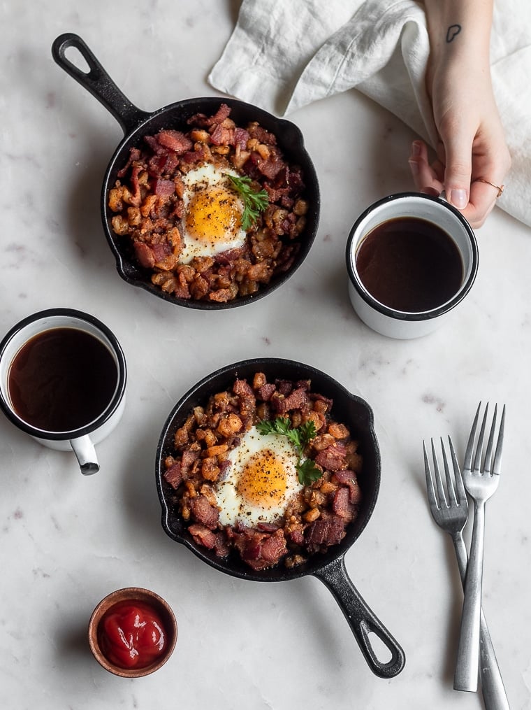 Bacon Hash with Runny Eggs & Harissa