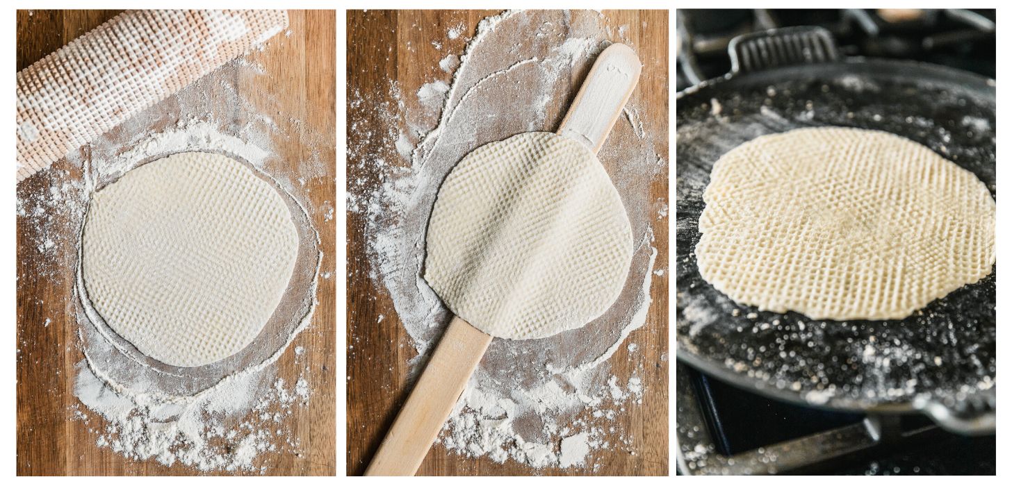 Three steps on how to roll lefse. In photo 1, a rolling pin rolls lefse dough on a wood board. In photo 2, a lefse stick is picking up the lefse. In photo 3, the lefse is cooking on a griddle.