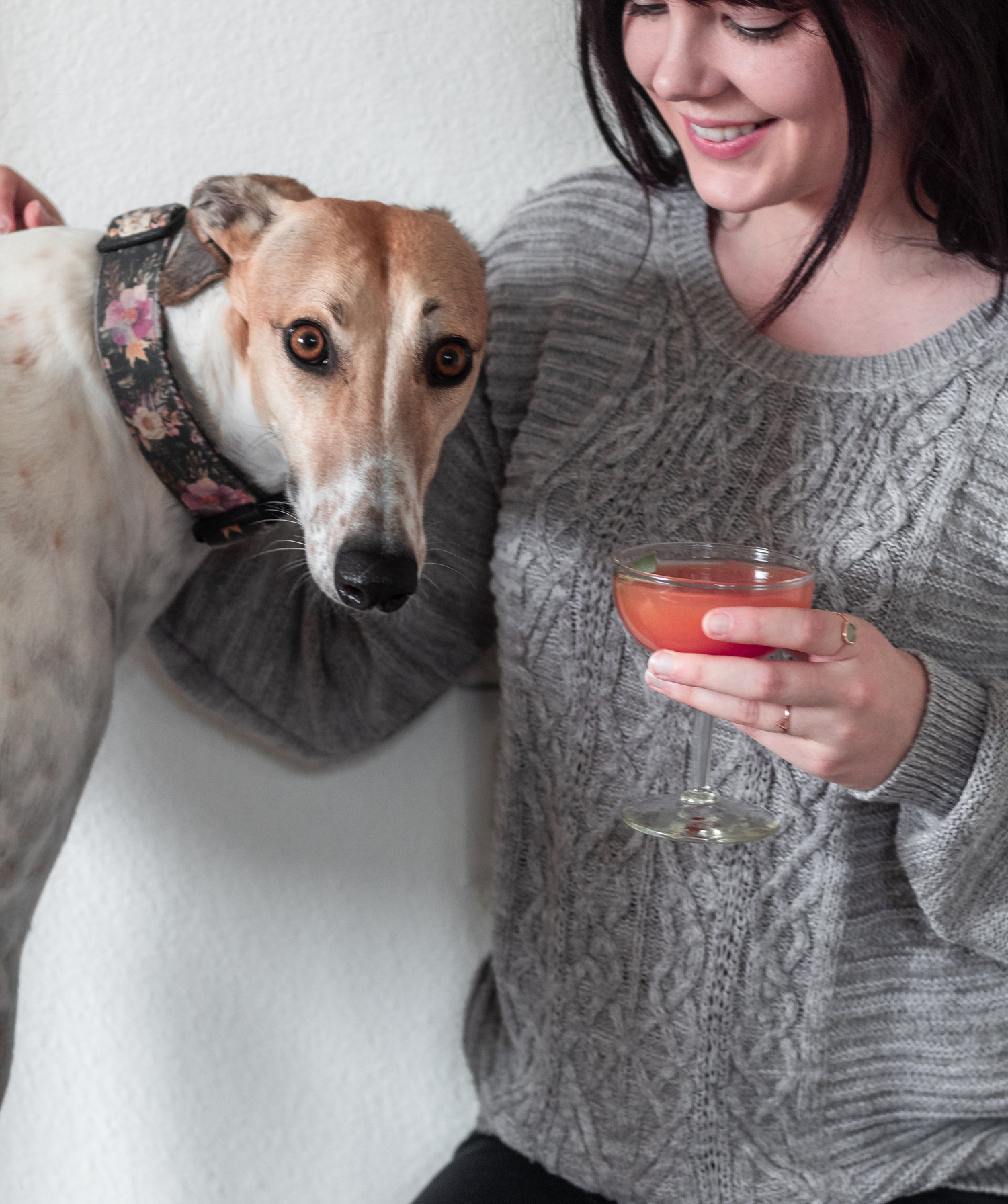 A side image of a woman wearing a grey sweater holding a pink cocktail in a coupe glass and petting a red and white greyhound dog.