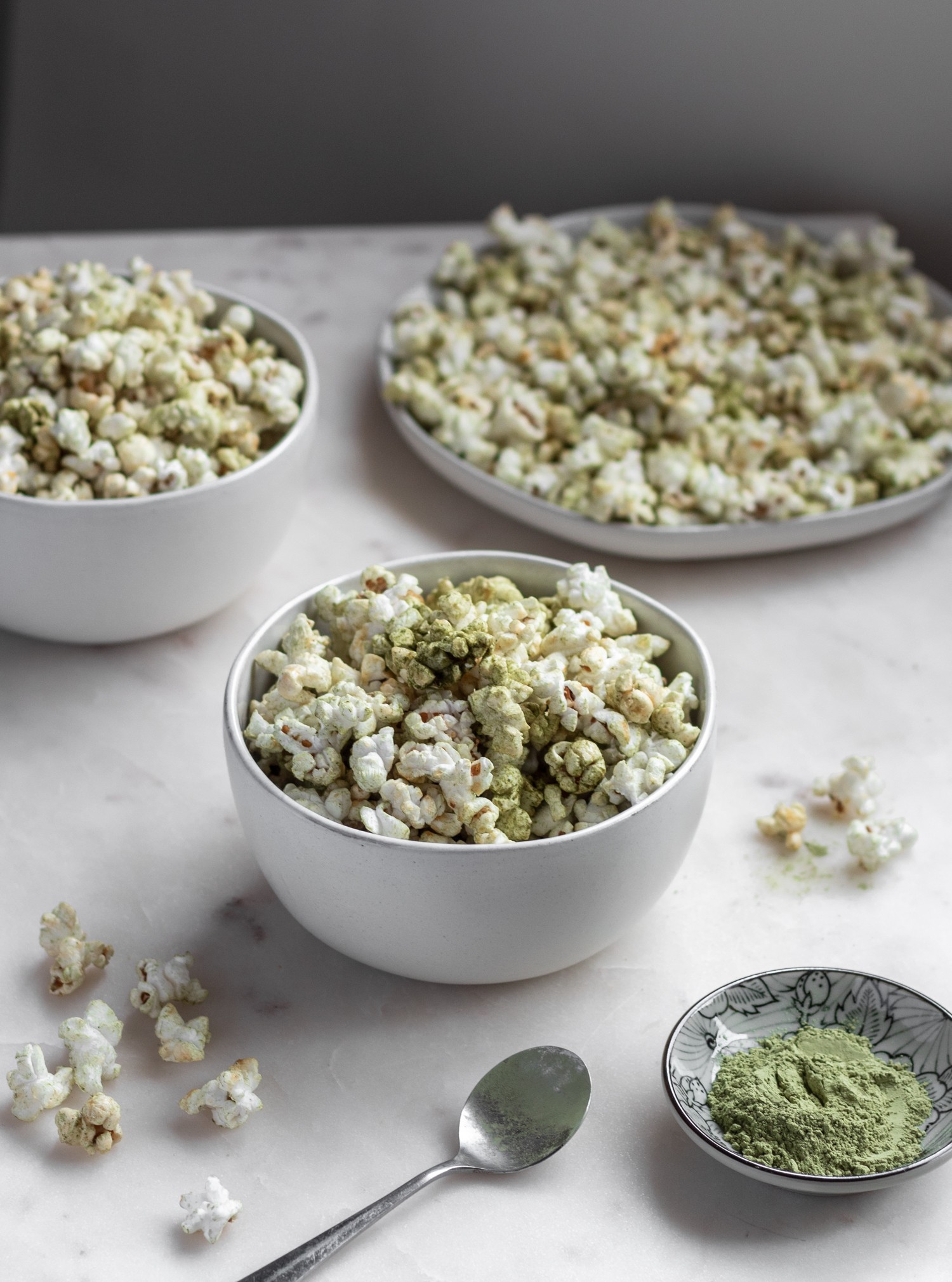 Popcorn lightly sweetened and flavored with green tea.