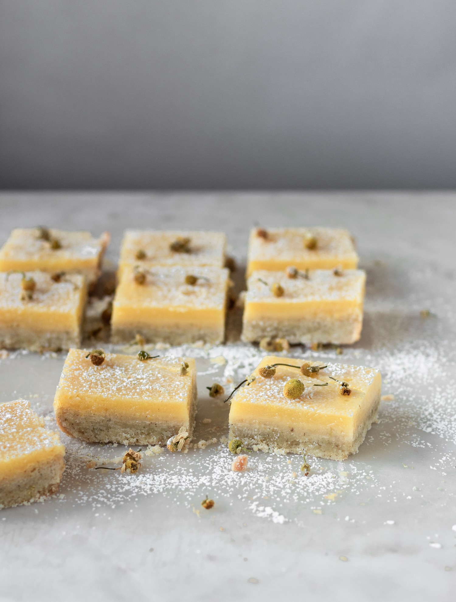 A side image of the best chamomile lemon bars in rows on a white counter.