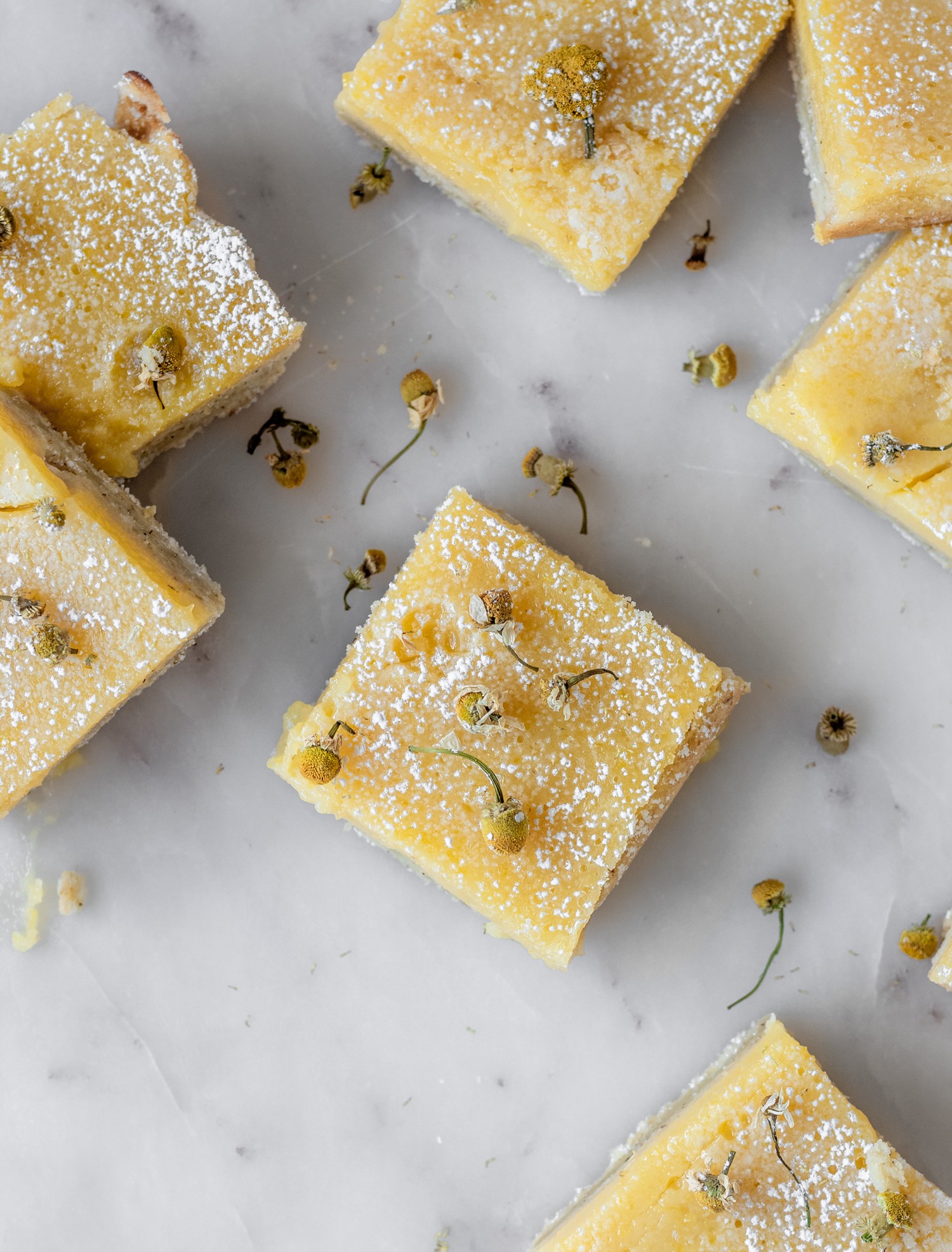 A closeup overhead image of sliced chamomile lemon bars randomly placed on a white counter and sprinkled with dried chamomile.