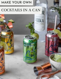 A side image of five cocktails in a can on a marble counter next to garnishes, a copper shot glass, and alcohol bottles.