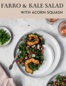 An overhead image of a white plate with farro and kale salad topped with acorn squash on a grey counter next to a pink linen and glasses of pink wine.