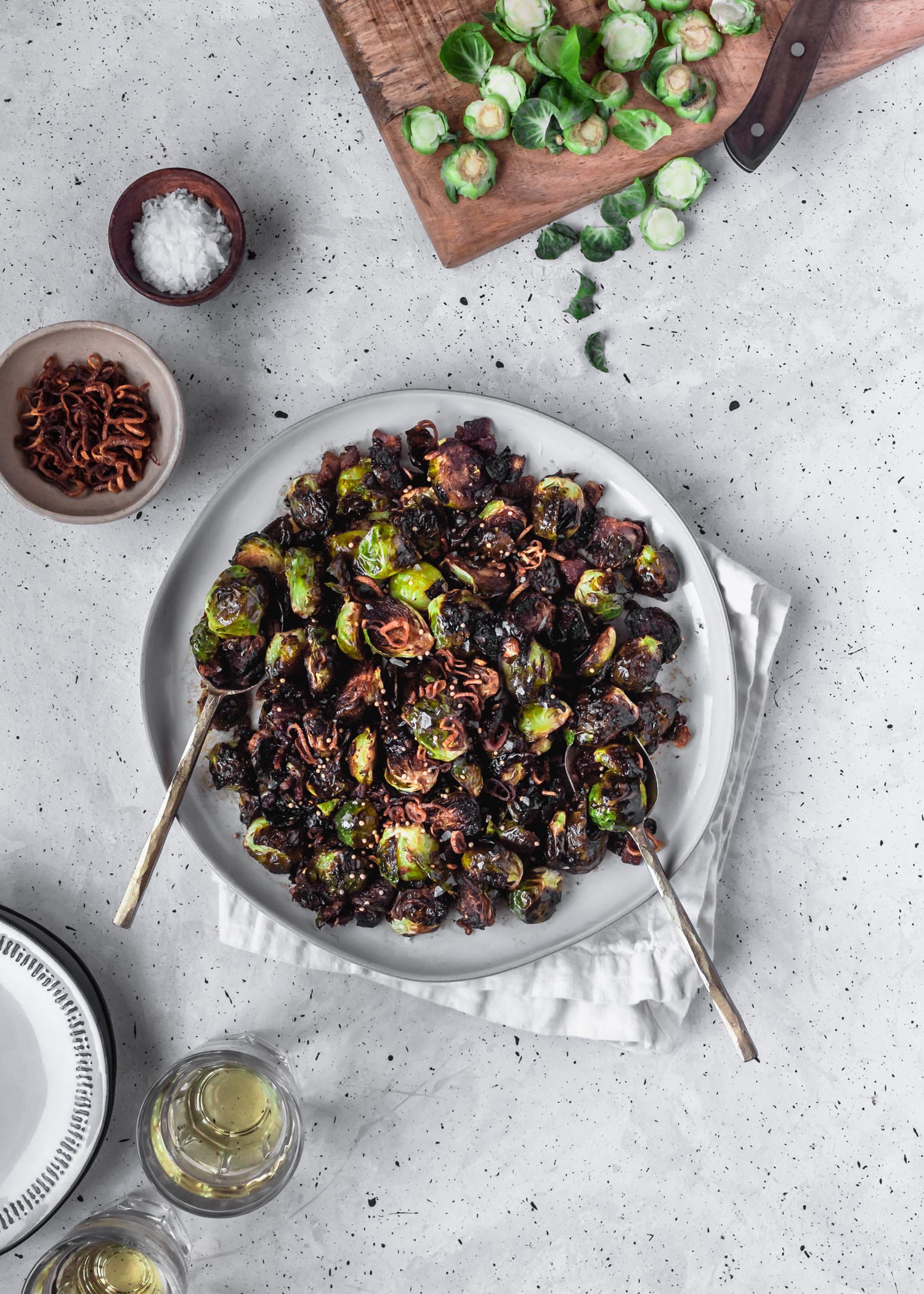 Crispy Brussels Sprouts with Fried Shallots, Bacon, & Dijon Vinaigrette