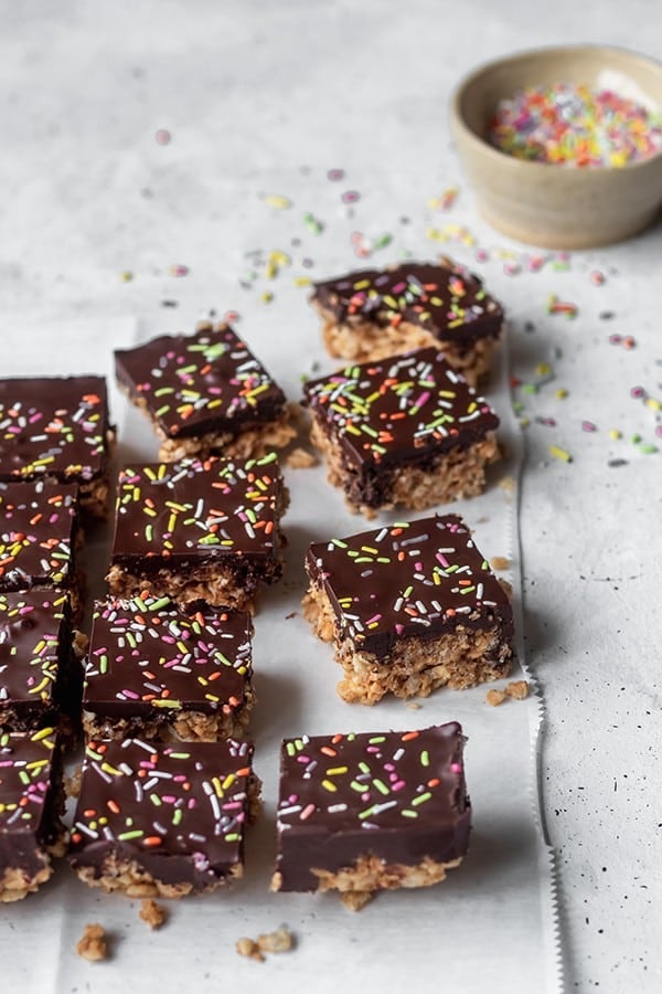 Healthy, No-Bake Chocolate Peanut Butter Bars. Vegan, Gluten-Free, and Refined Sugar-Free.