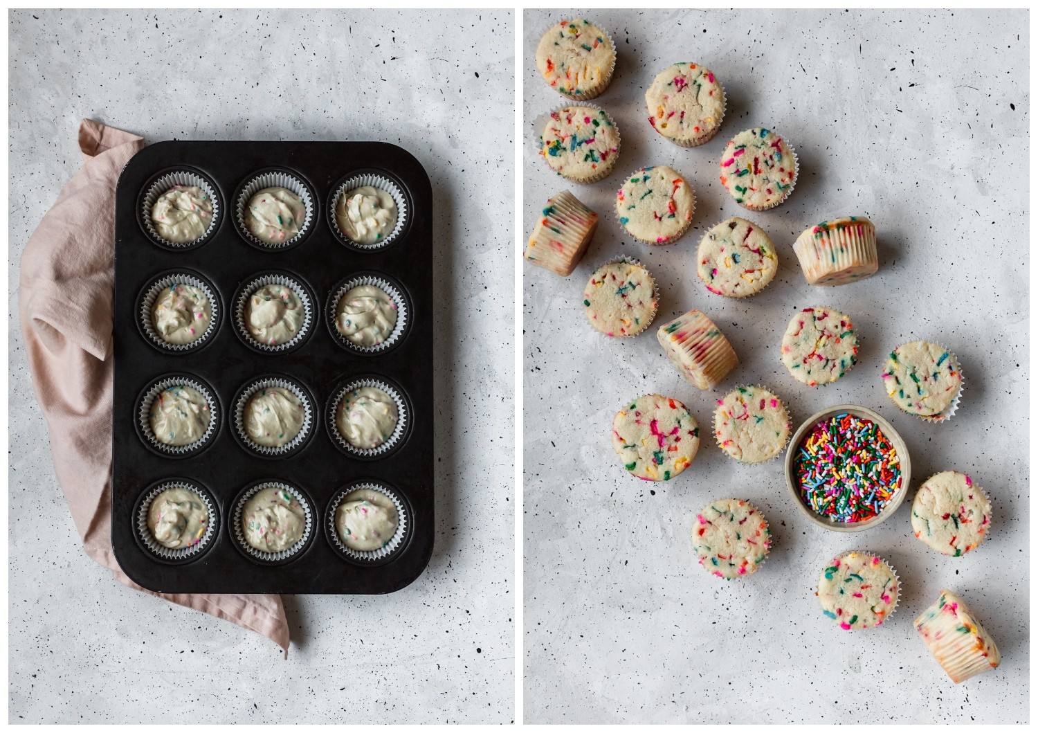 Two overhead photos of cupcakes sitting on a grey table. On the left, is cupcake batter in a pan, and on the right is baked funfetti cupcakes.