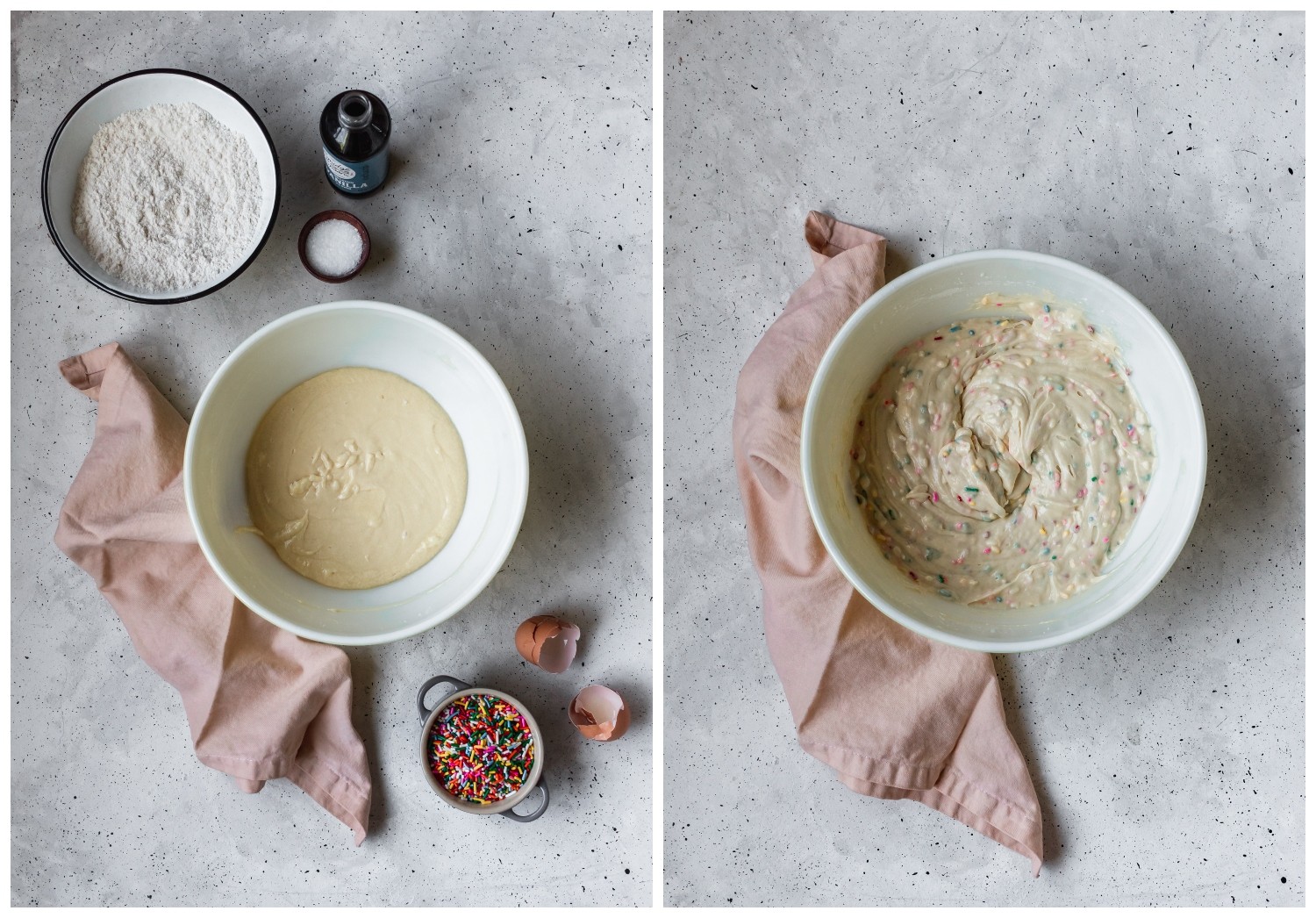 Two pictures of a bowl of cake batter on a grey background next to a pink towel. In the first photo, there are cake ingredients surrounding the bowl. In the second photo, the cake batter is prepared.