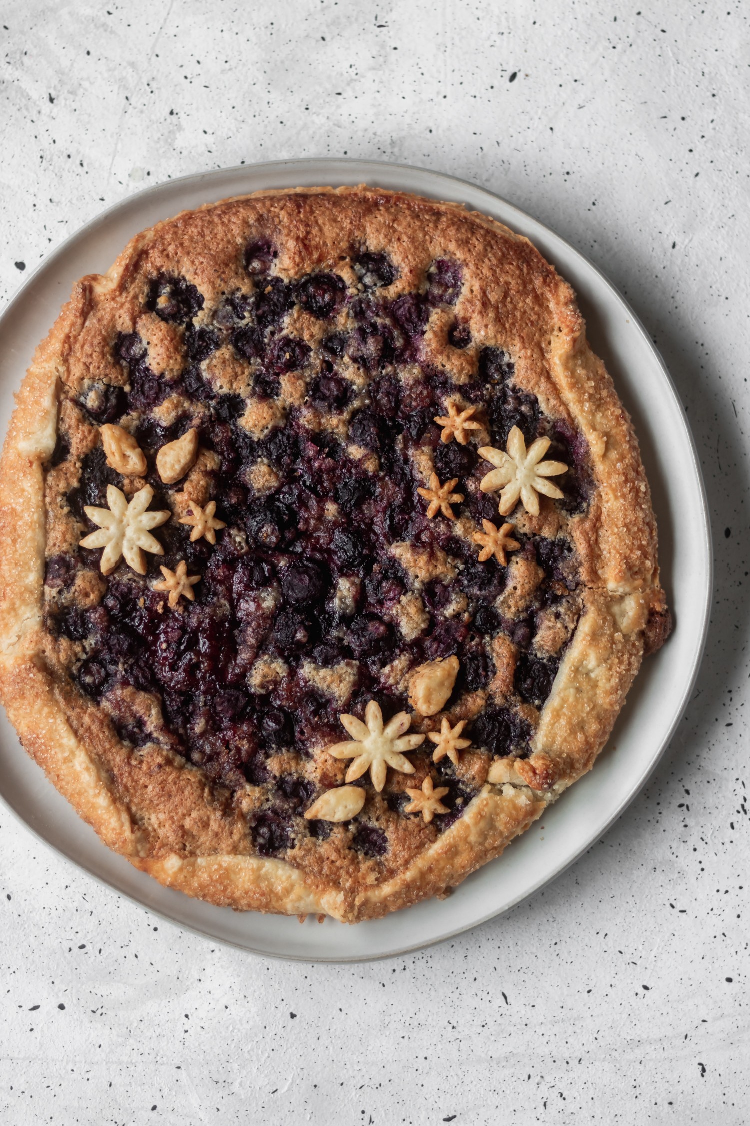 An overhead closeup of a blueberry crostada on a white speckled background.
