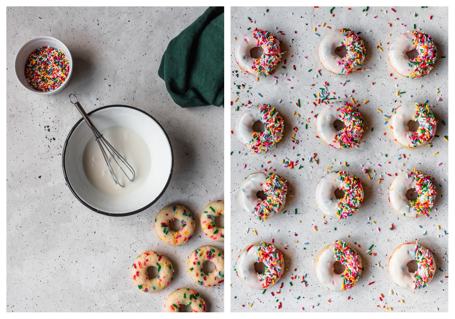 Two overhead images. On the left, glaze is being mixed together on a speckled table, surrounded by sprinkles and a green linen. On the right, 12 sprinkle donuts are lined up on the table.