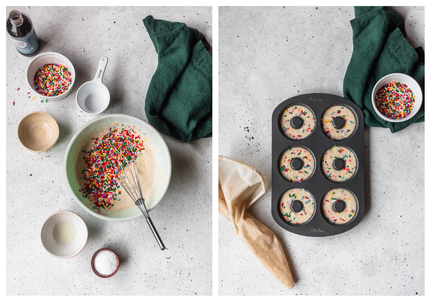 Two images taken at a bird's eye angle. On the left, sprinkles are being mixed into a bowl of cake batter sitting on a grey and white table surrounded by baking tools. On the right, a donut pan is being filled with the batter.