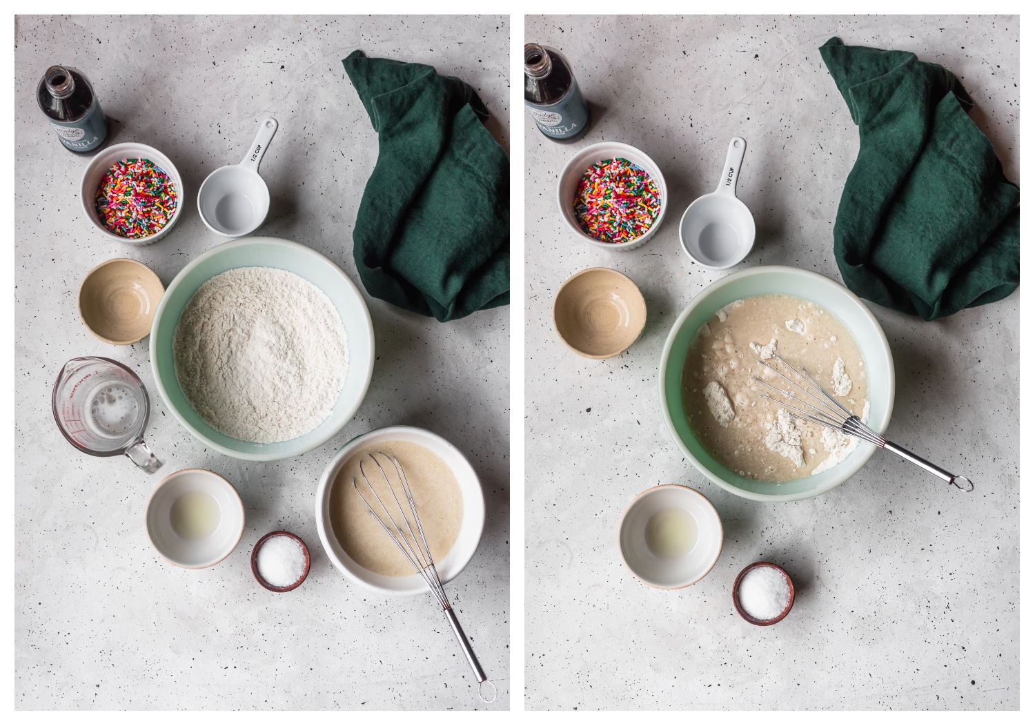 A bird's eye shot of two photos of cake ingredients being stirred together on a grey counter next to baking tools and an emerald green linen.