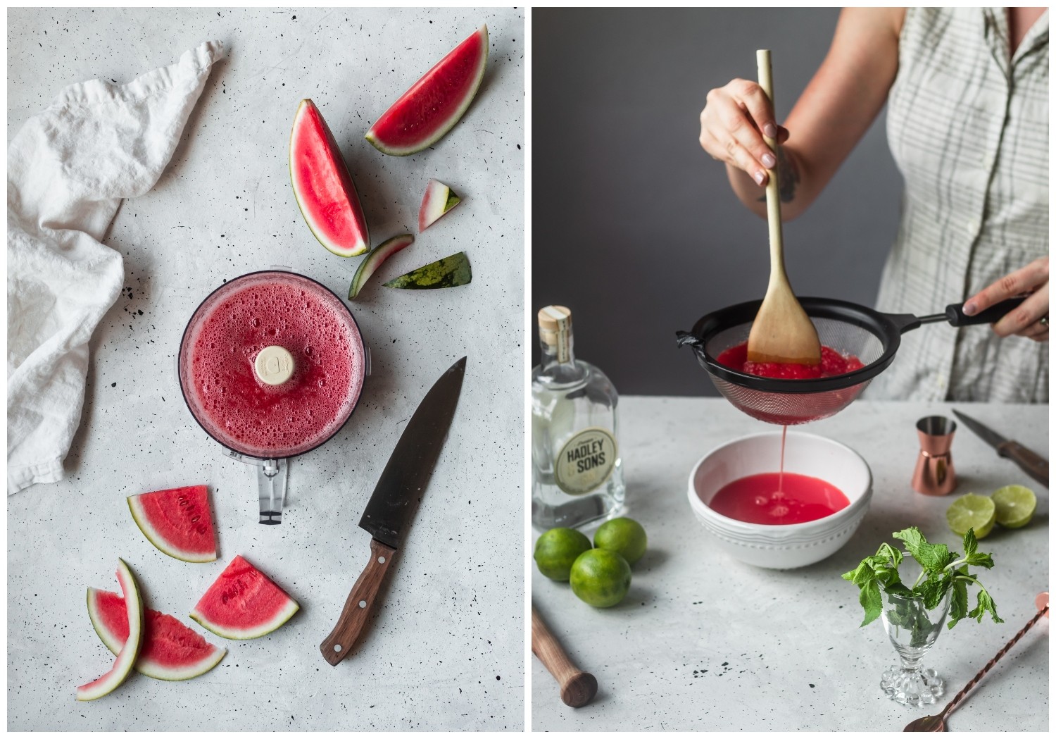 Two shots of a watermelon being juiced. On the left, the watermelon juice is in a food processor on a grey table. On the right, a woman's hand is straining watermelon juice into a white bowl on a white table.