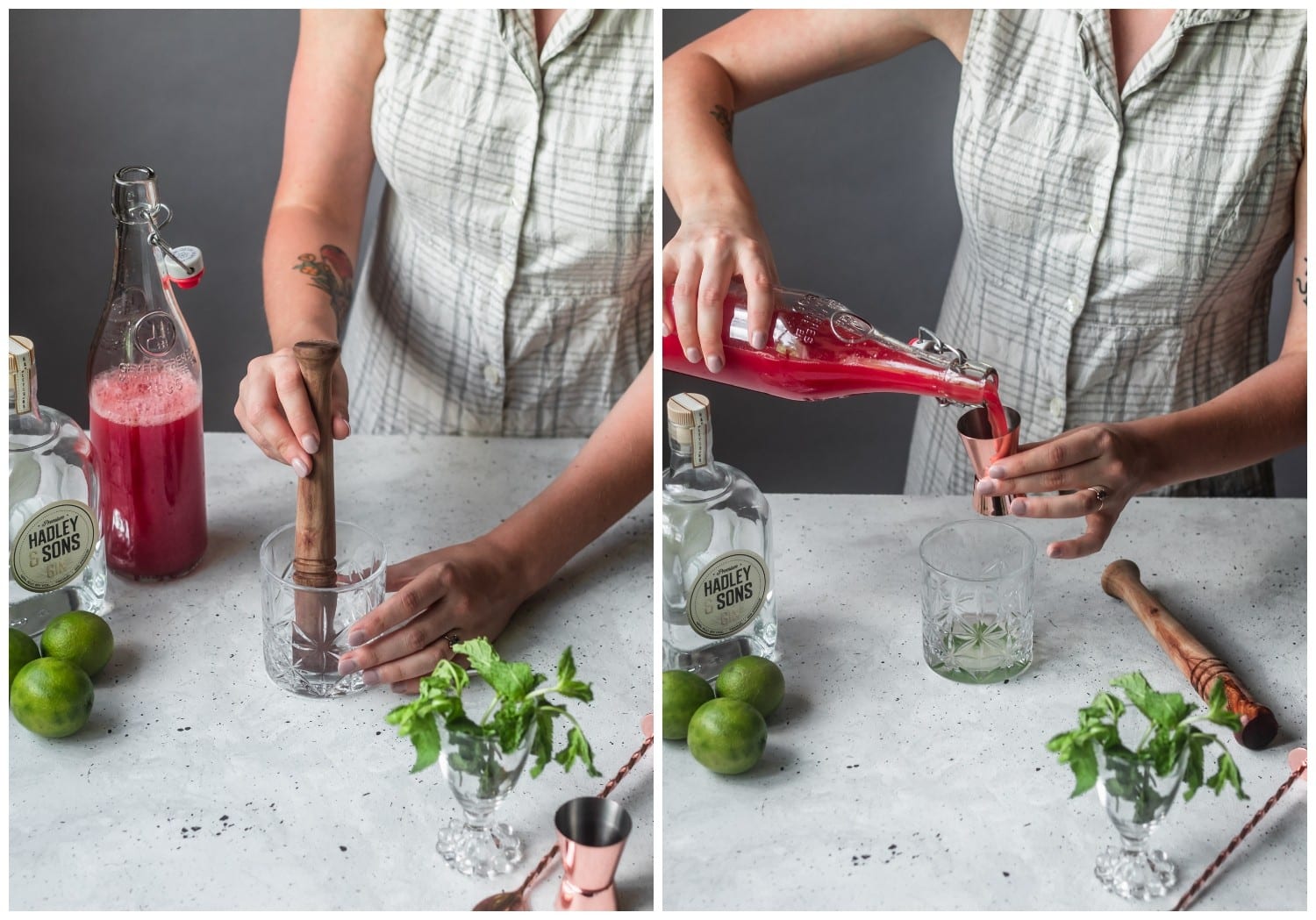 Two images of a woman making a cocktail. On the left, the woman is muddling mint and lime juice in a clear glass. On the right, the woman is pouring pink juice into the glass.