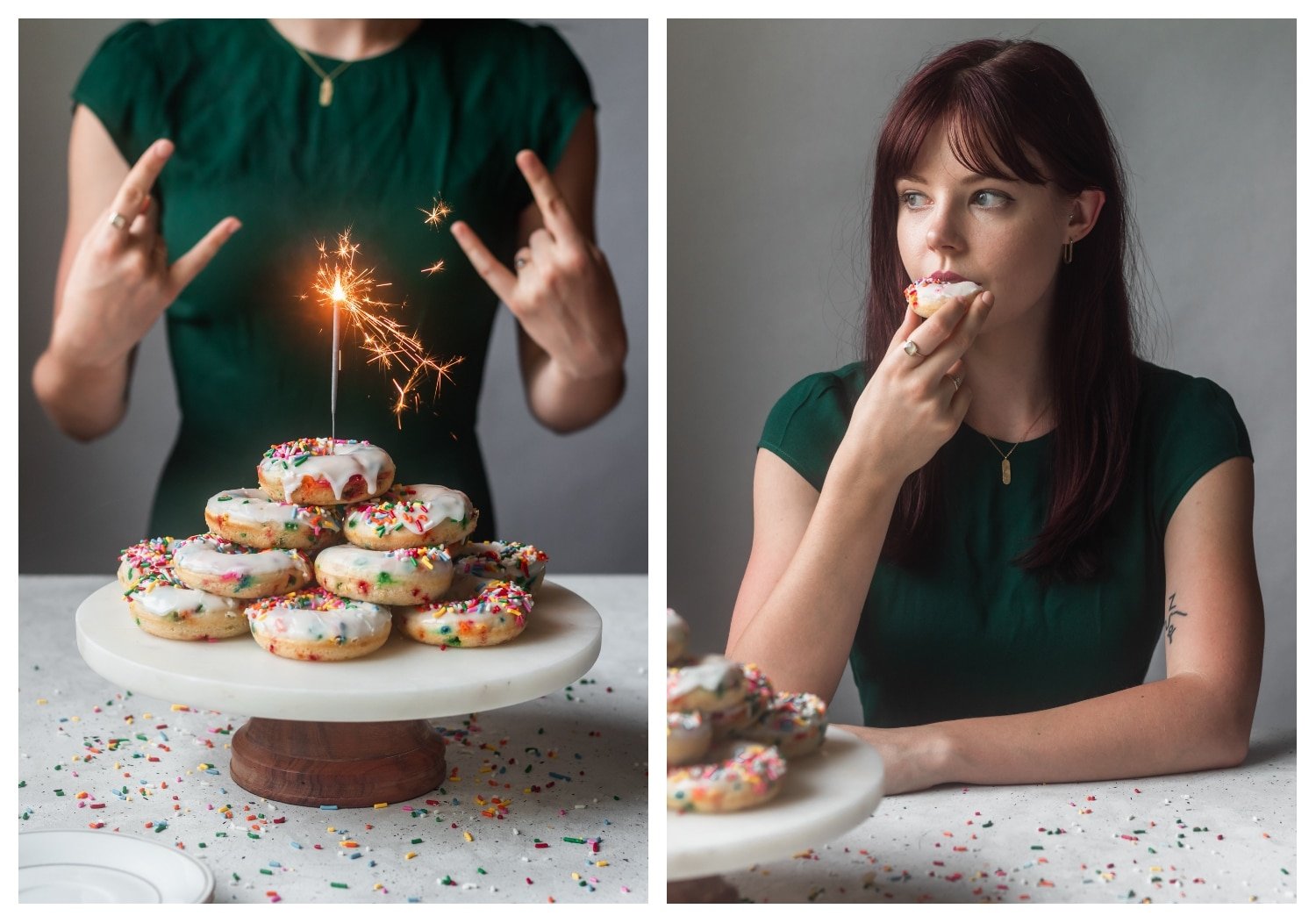 Two side shots. On the left, a pile of donuts sits on a cake stand with a sparkler sticking out of the top and a woman in a green dress in the background. On the right, the woman in the green dress is eating a donut.