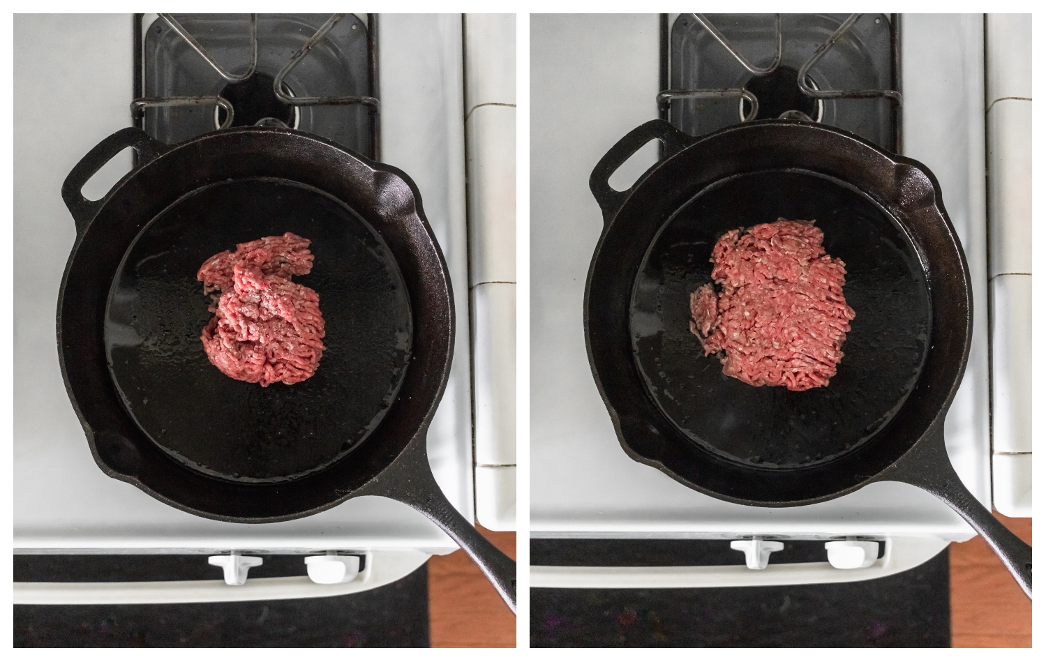 A bird's eye view of two photos of a cast iron skillet on a white stove. On the left, ground meat is in the pan in a ball, and on the right the meat is smashed into a patty.