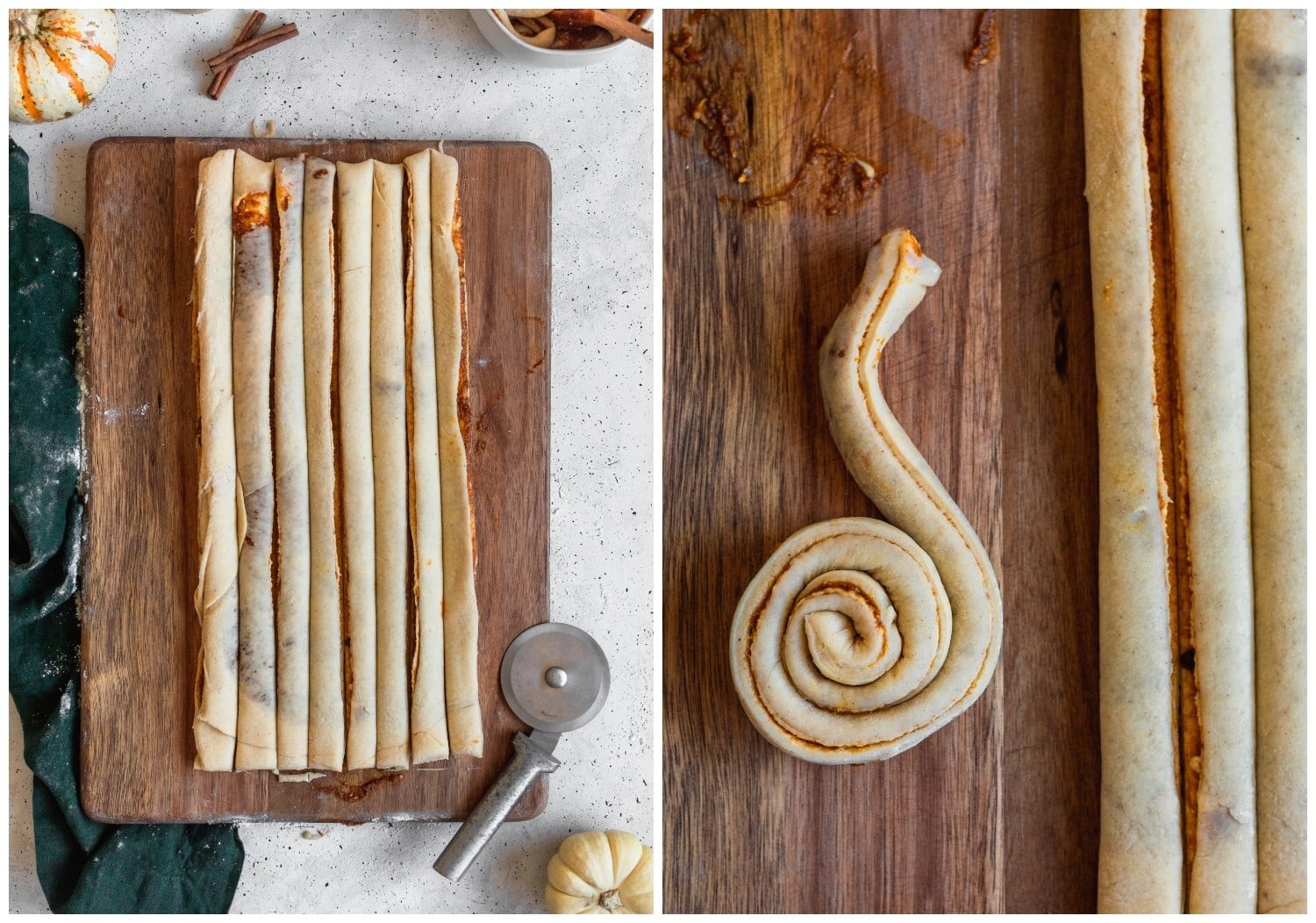 Two photos of cinnamon roll dough on a wood cutting board. On the left, the dough is being cut in strips. On the right, rolls are being formed.