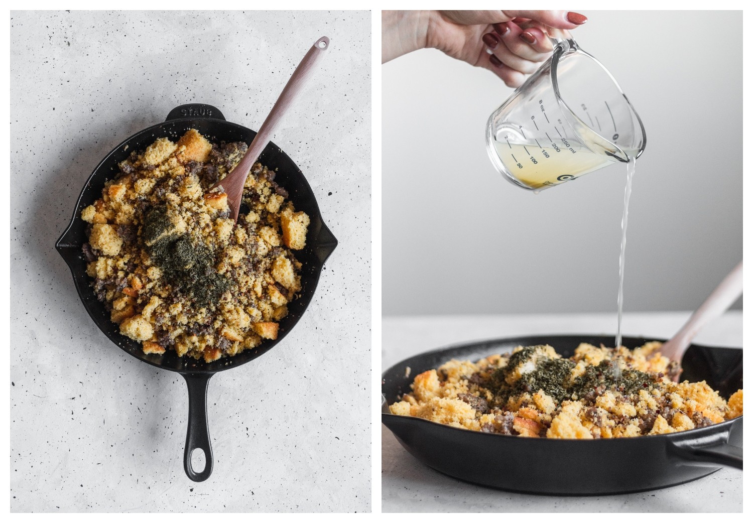 Two images; the image on the left is an overhead photo of a black Staub pan on a grey table filled with Thanksgiving dressing. On the right, a woman's hand is pouring chicken broth into the dressing.