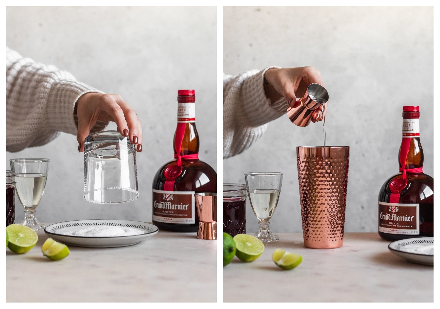 Two images; on the left, a woman's hand is dipping the rim of a glass into a plate of salt on a marble table. On the right, a woman's hand is pouring tequila into a copper cocktail shaker.