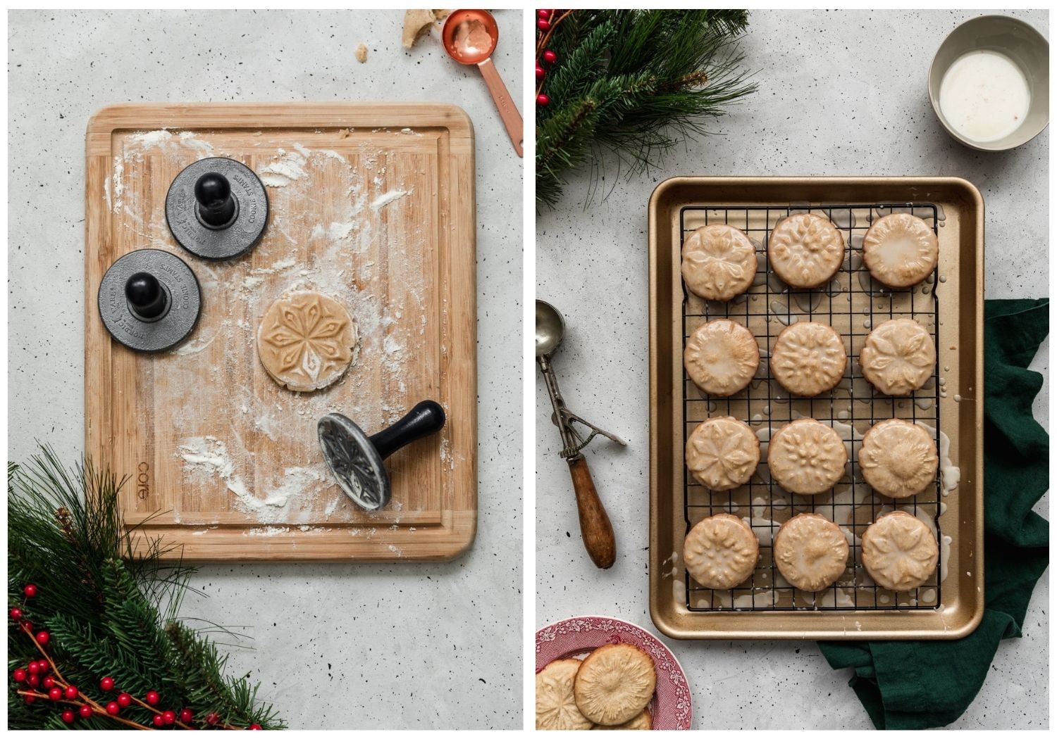 Two images; on the left, a stamped cookie is placed on a wood board surrounded by cookie stamps. On the right, baked and glazed cookies are set on a cooling rack.
