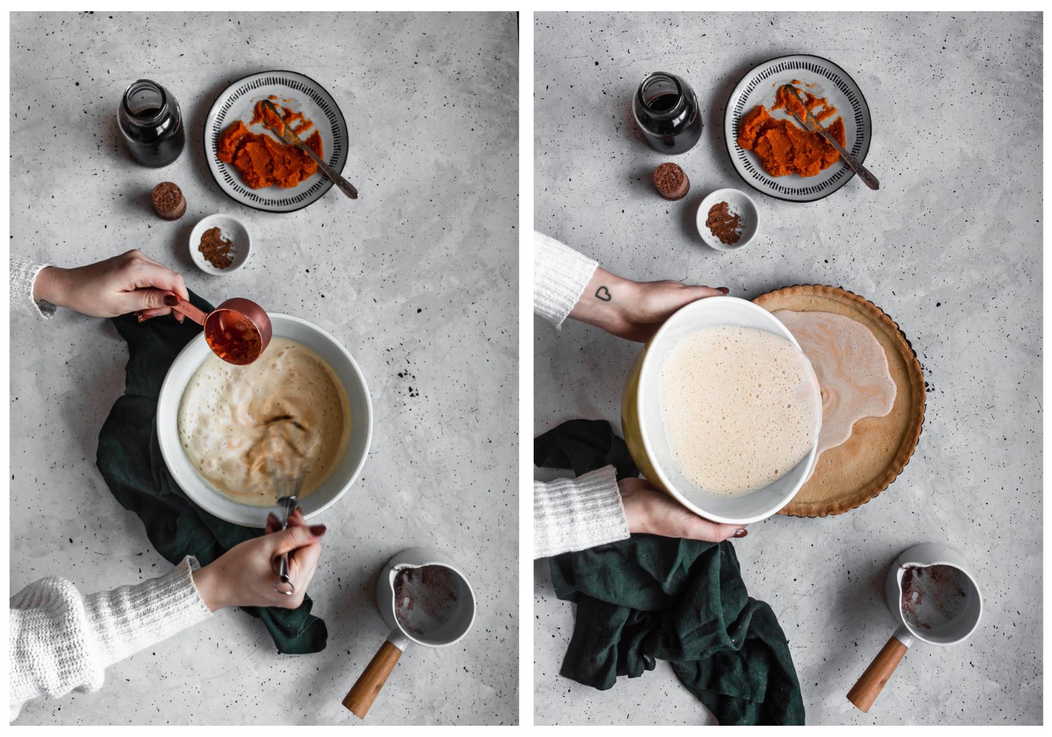 Two images of a woman's hands making a tart. On the left the woman's hands are mixing pumpkin into custard. On the right, the woman is pouring custard into a shortbread shell.