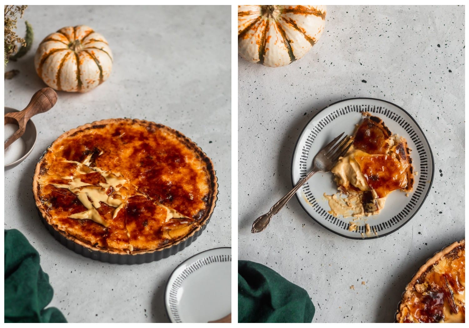 Two images of custard pie. On the left, a straight on shot of the pie with broken sugar on top, next to a green towel and grey ceramics on a splattered table. On the right, is a picture of a slice of pie on a grey plate.