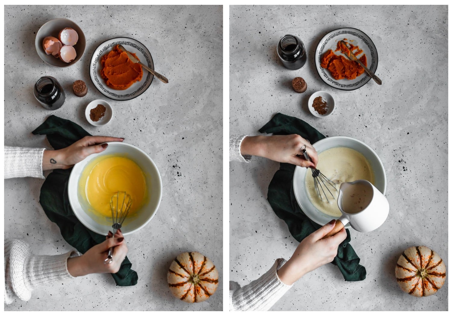 Two images of a woman making creme brulee on a grey counter; on the left, the woman's hands are mixing eggs and sugar. On the right, the woman's hands are pouring milk into the egg mixture.