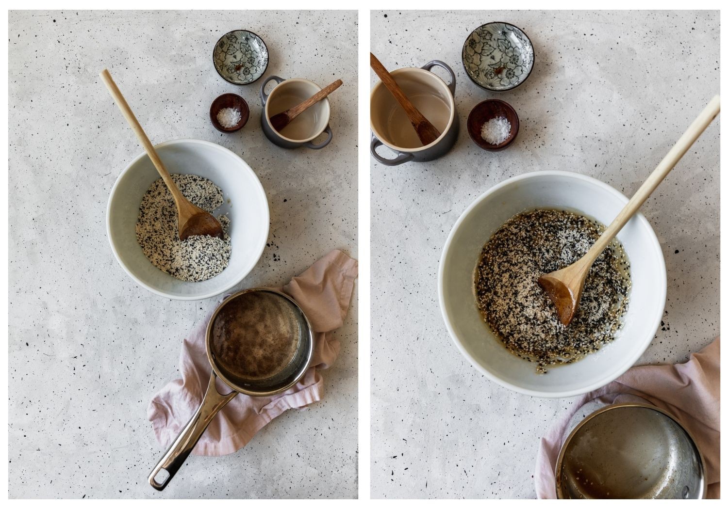 Two bird's eye images; on the left, a bowl is filled with dry cookie ingredients next to a saucepan of caramel. On the right is a bowl filled with sesame cookie dough.