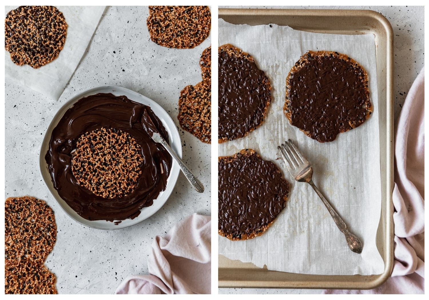Two overhead images; on the left, cookies are being dipped in melted chocolate. On the right, cookies are being decorated with the tines of a fork.