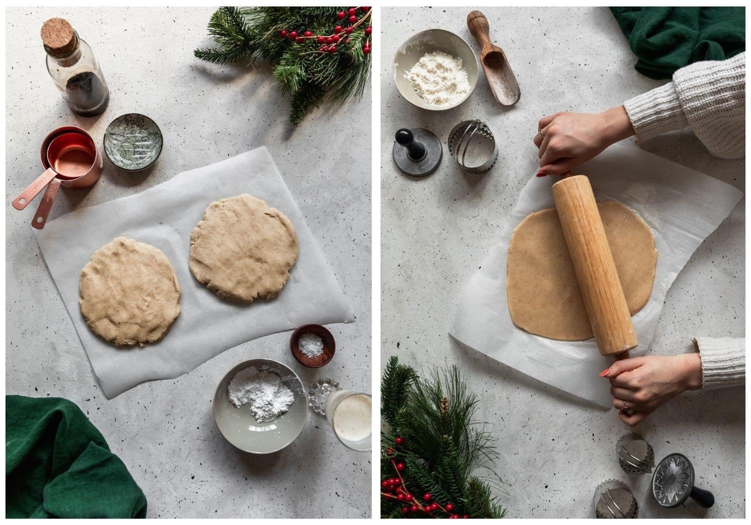 Two images; on the left, two discs of dough are placed on a grey table surrounded by baking tools. On the right, a woman's hands roll the dough.