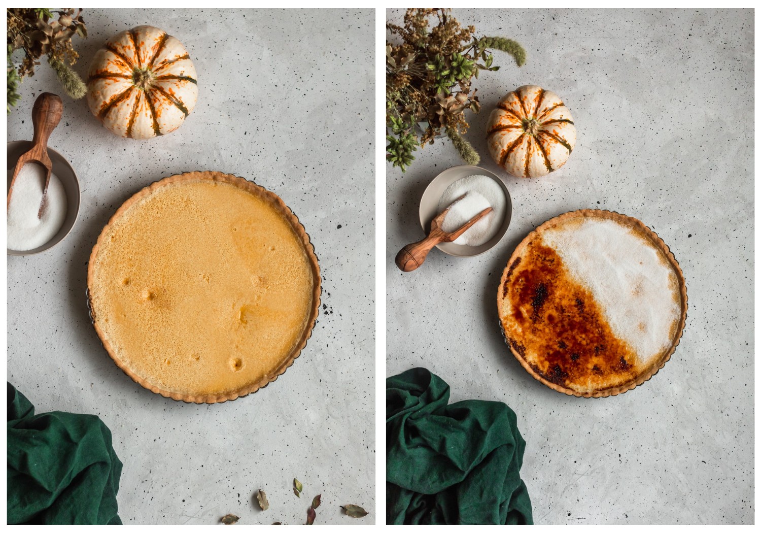 Two images of a creme brulee tart. On the left, a baked custard tart is placed on a grey background. On the right, the tart is sprinkled with sugar and halfway caramelized.