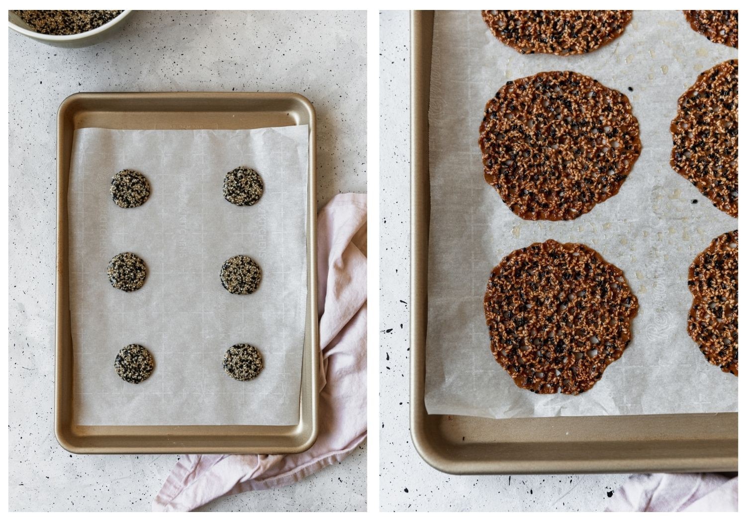 Two overhead images; on the left, a sheetpan is filled with balls of cookie dough. On the right is a closeup of baked Florentine cookies.