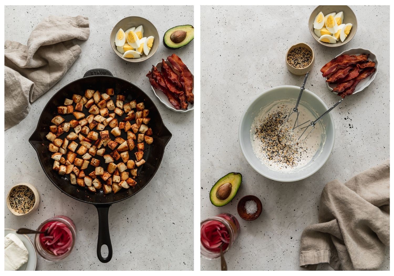 Two overhead photos; on the left, a black Staub pan with croutons surrounded by salad ingredients on a speckled table. On the right, a bowl of dressing surrounded by salad ingredients.