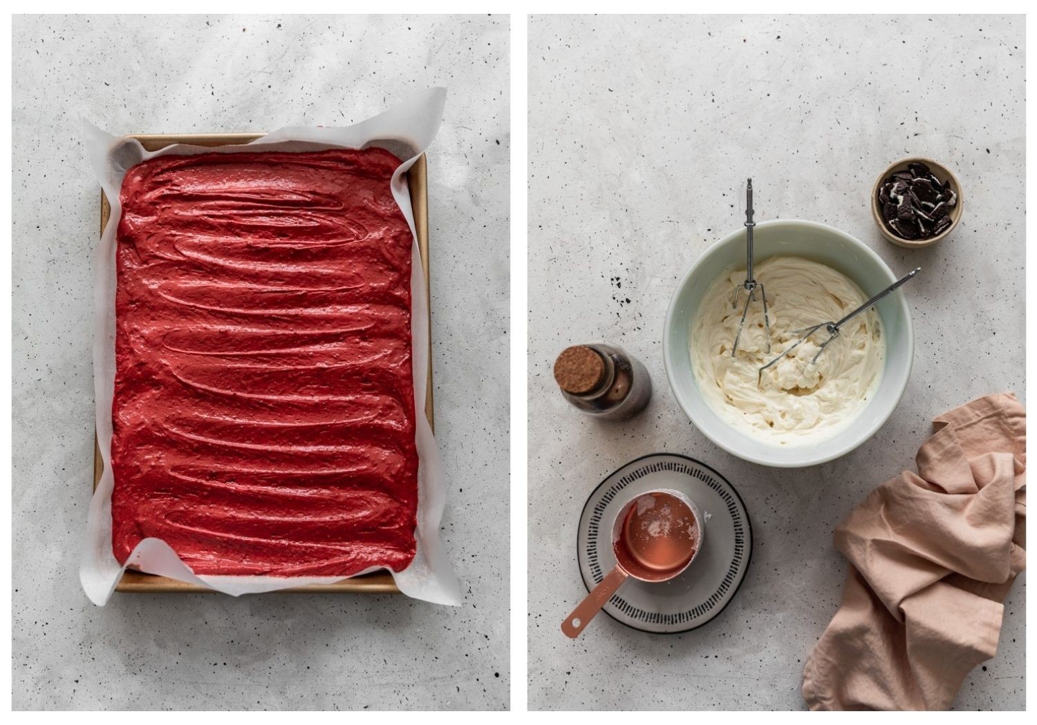 Two bird's eye view images. On the left, a sheet pan filled with burgundy cake batter on a grey table. On the right, a white bowl of frosting on a grey table surrounded by frosting ingredients and a pink linen.