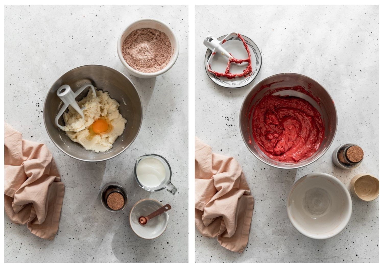 Two overhead images; on the left, butter and an egg in a stand mixer bowl on a grey table surrounded by cake ingredients and a pink linen. On the right, a bowl filled with red cake batter next to empty baking dishes and a pink linen.
