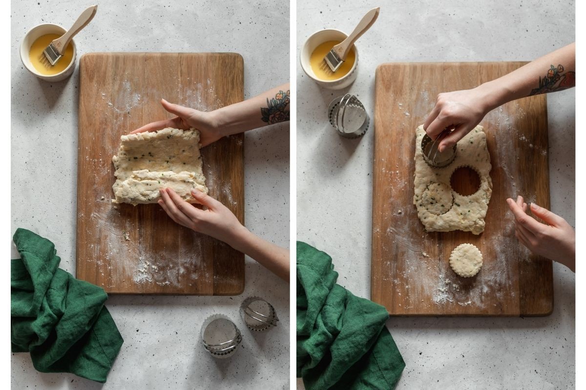Two bird's eye images; on the left, a woman folding dough on a wooden cutting board placed on a grey table. On the right, the woman is cutting biscuits out of the dough.