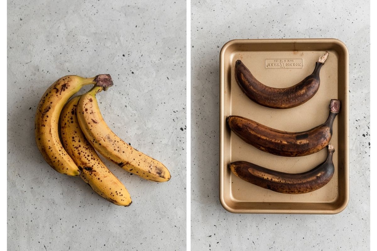 Two images of bananas on a grey background; in the left photo the bananas are yellow, in the right the bananas are dark brown and placed on a gold sheet pan.