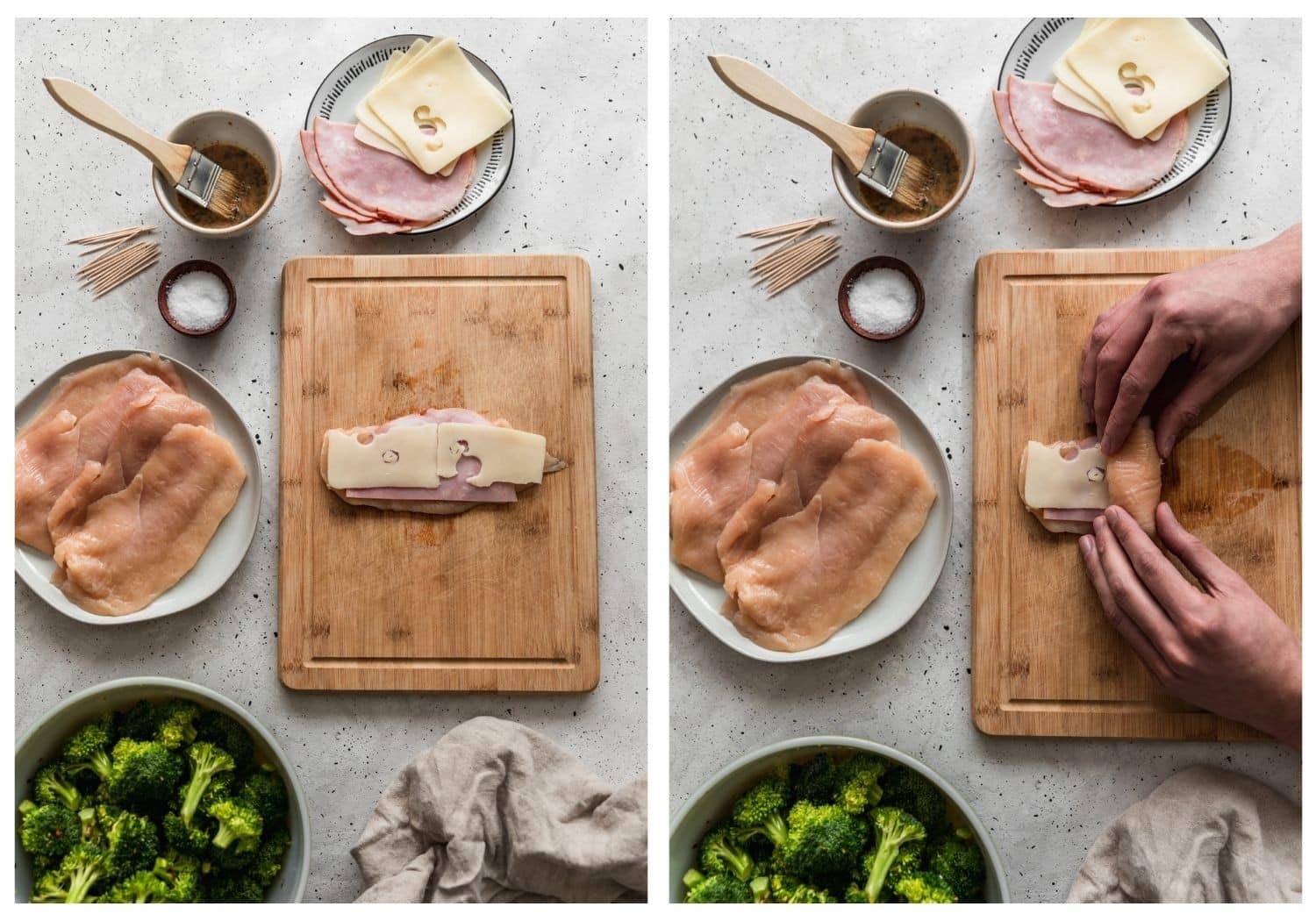 Two images; on the left, an overhead photo of a wood cutting board topped with chicken breast layered with ham and Swiss on a grey table surrounded by ingredients. On the right, the same setup with a man's hands rolling up the chicken breast.