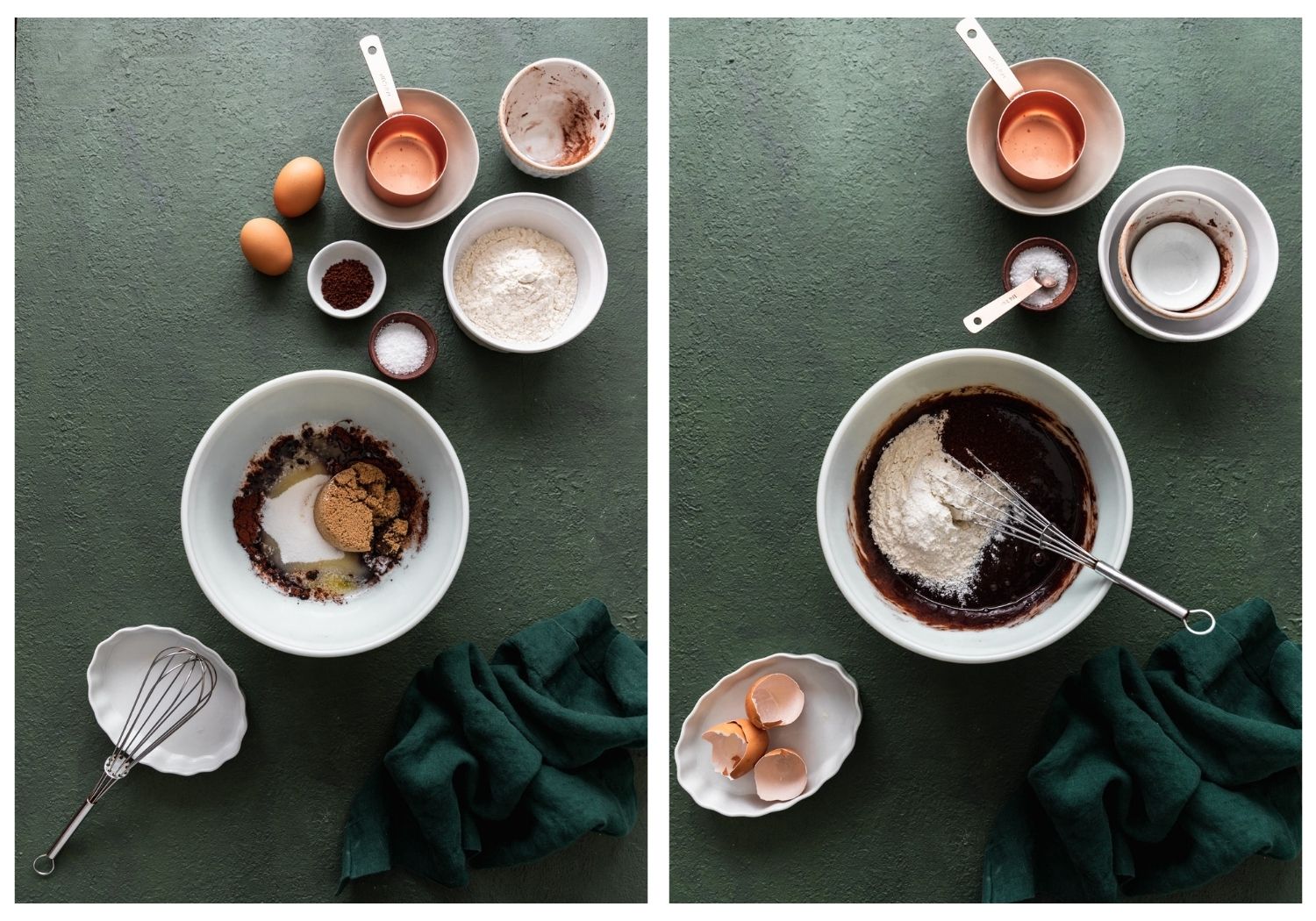 Two images; on the left, a white bowl on a dark green table with wet baking ingredients, surrounded by more baking ingredients. On the right, the bowl is filled with chocolate batter and topped with flour.