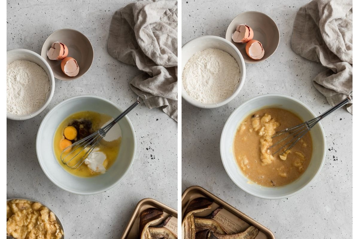 Two over head images of a white bowl on a grey table surrounded by a beige linen and ingredients. On the left, the bowl is filled with wet baking ingredients and on the right, the ingredients are stirred together.