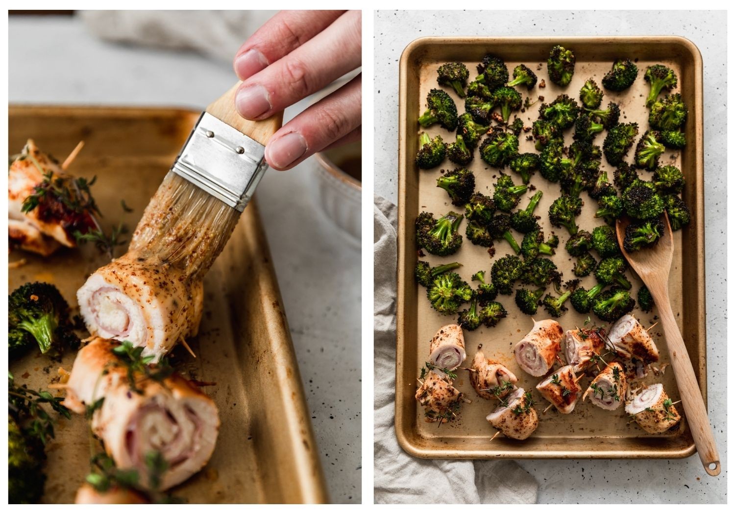 Two images; on the left, a side shot of a man's hand brushing rolled chicken on a gold sheet pan with sauce. On the right, an overhead of a sheet pan with broccoli and rolled chicken on a grey table.