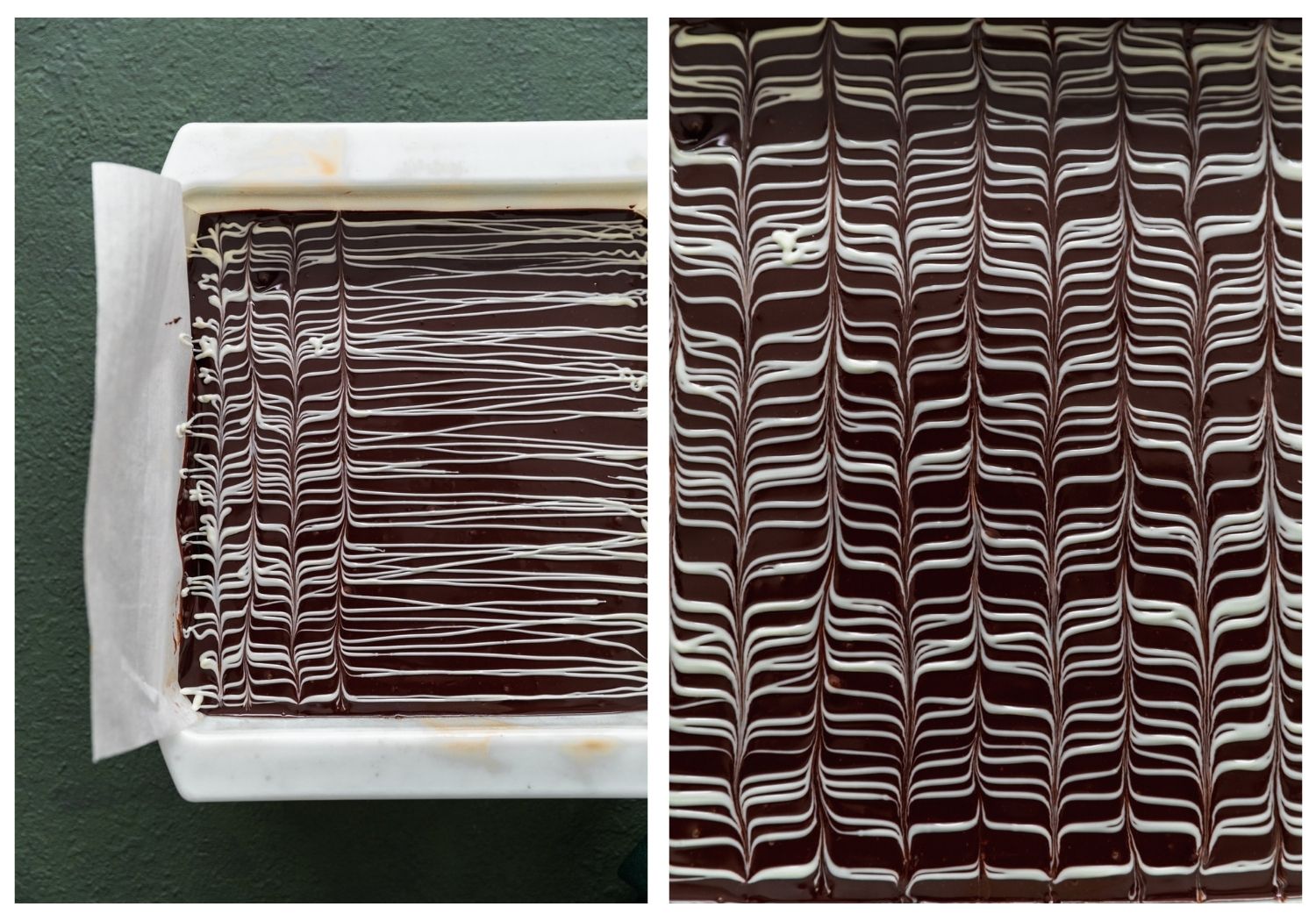 Two images; on the left, a white pan with Irish coffee brownies on a green table. On the right, a closeup image of ganache swirled with white chocolate.