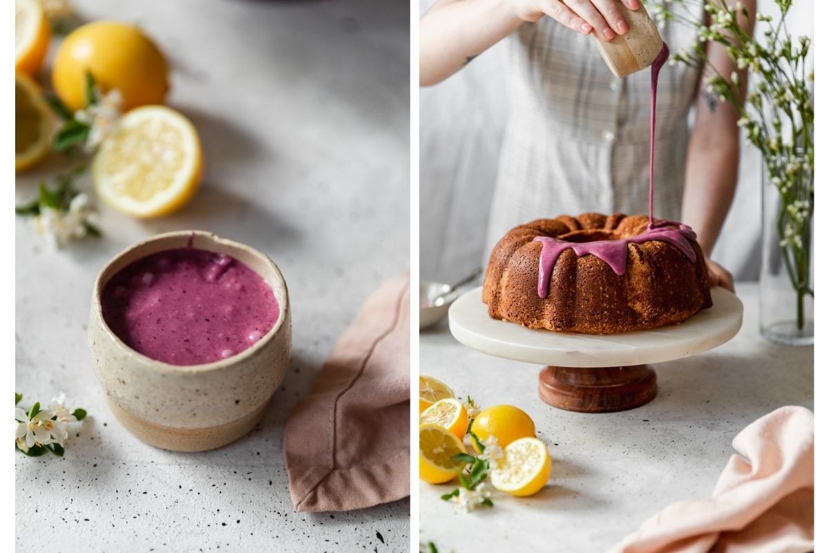 Two side images; on the left, a cream bowl filled with pink-purple glaze on a grey counter next to a pink linen, lemons, and white flowers. On the right, a woman wearing a white dress is pouring the glaze over a cake on a white marble cake stand.