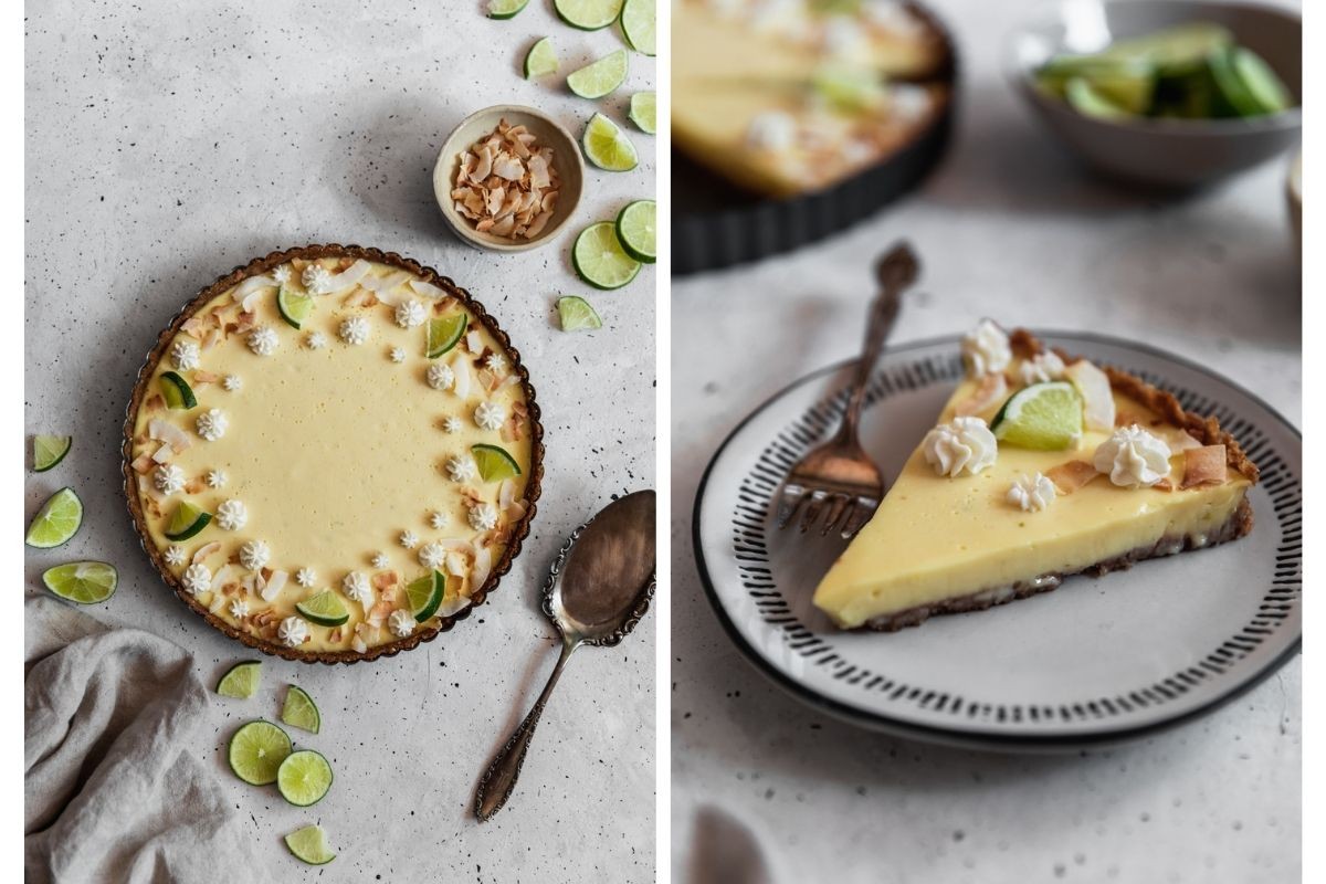Two images; on the left, an overhead image of a lime pie on a grey counter next to sliced limes and a bowl of toasted coconut. On the right, a closeup side image of a slice of pie on a white plate with a pie and limes in the background.