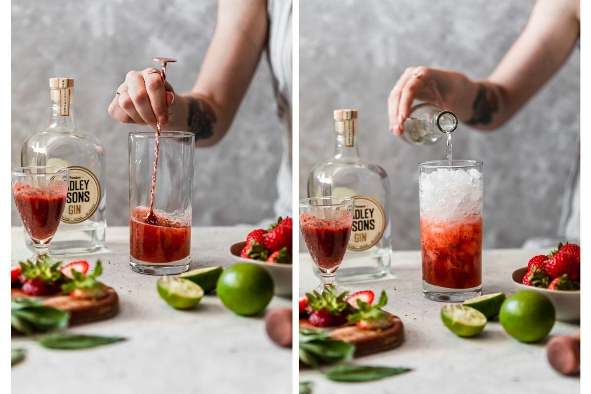 Two images; on the left, a woman's hand is stirring red liquid in a highball glass on a white counter next to a bowl of berries, limes, a bottle of gin, and mint. On the right, the woman is pouring club soda into the cocktail.
