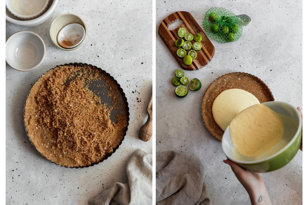 Two bird's eye images; on the left, a black tart pan filled with graham crust on a grey table. On the right, a woman's hands pouring yellow filling from a green bowl into the crust next to juiced limes.