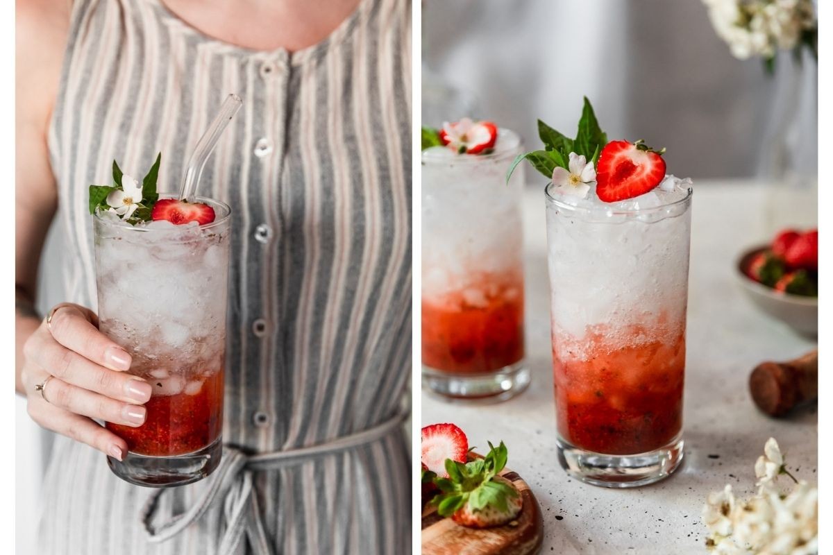 Two images; on the left, a woman in a grey, white, and pink striped dress is holding a red cocktail. On the right, a side image of a strawberry gin cocktail on a white table next to another cocktail, white blossoms, a wood muddler, and strawberries.