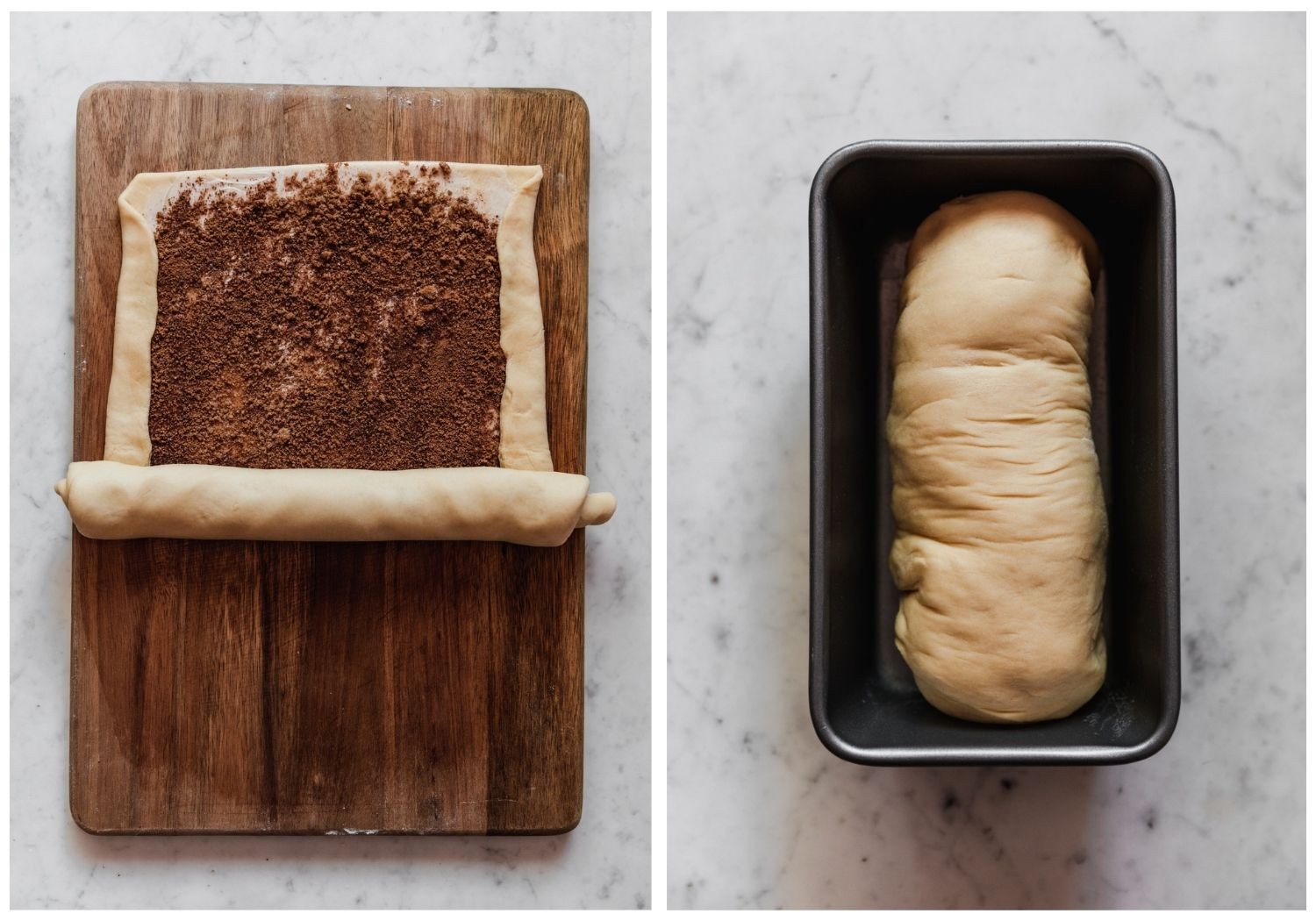 Two overhead images. On the left, a wood cutting board with a large rectangle of dough sprinkled with cinnamon sugar being rolled up. On the right, a metal baking pan with a loaf of dough in it.