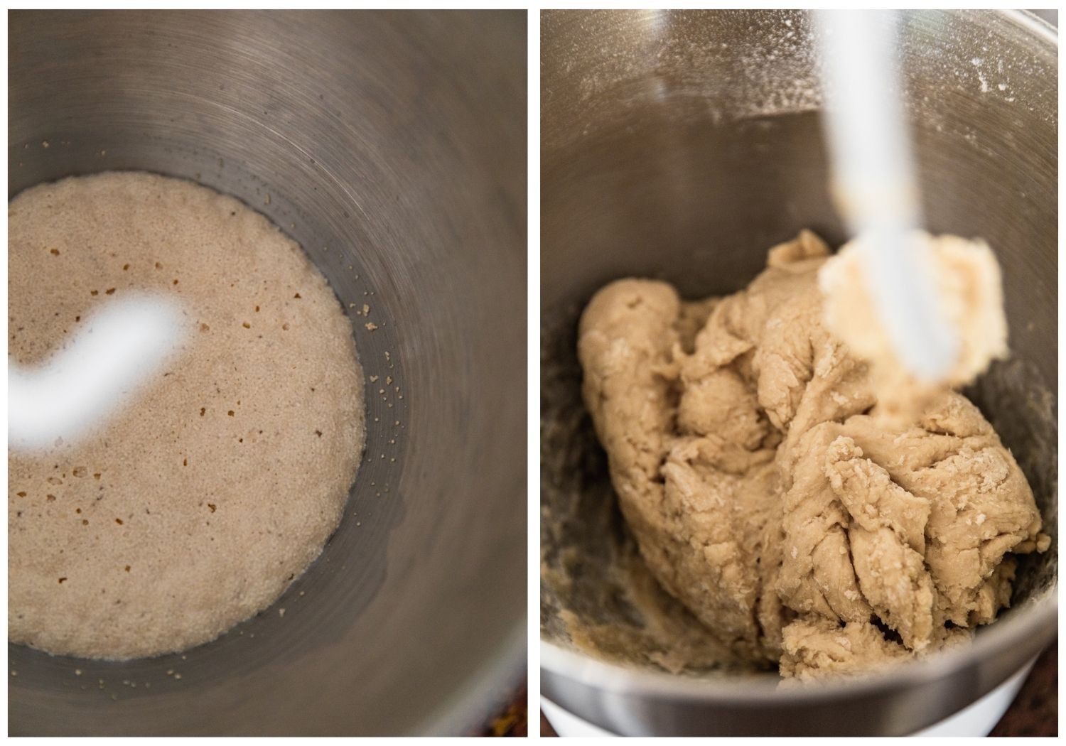 Two images; on the left, a closeup of activated yeast in a silver bowl. On the right, a closeup of finished yeast dough in a silver bowl.